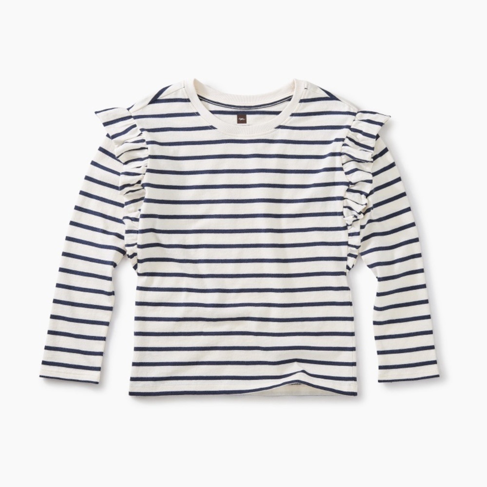 Tea Collection || White Navy Striped Ruffle Long Sleeve Shirt